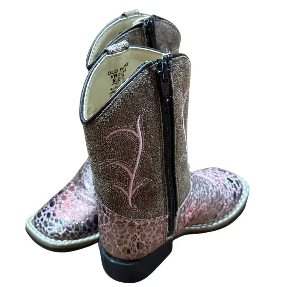 Old West Girls Pink Western Cowboy Boots Square Toe Side Zip Size 8C VB1054